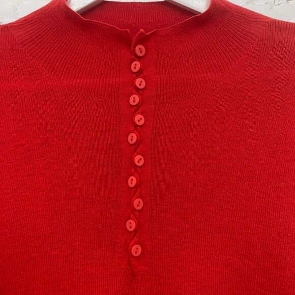 Red Merino Wool Henley Sweater M – Soft Rib Knit Button Front Winter Classic - Picture 8 of 16